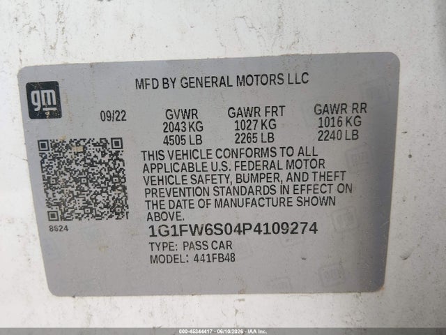 45344417 :رقم المزاد ، 1G1FW6S04P4109274 vin ، 2023 Chevrolet Bolt Ev Fwd 1lt مزاد بيع