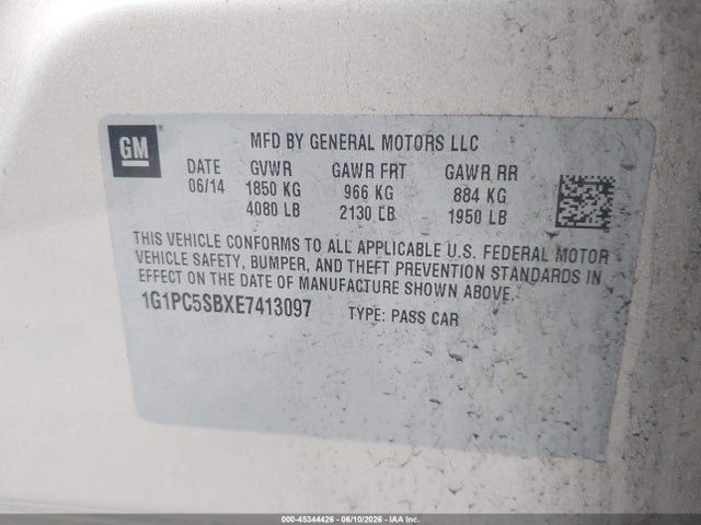 45344426 :رقم المزاد ، 1G1PC5SBXE7413097 vin ، 2014 Chevrolet Cruze 1lt Auto مزاد بيع
