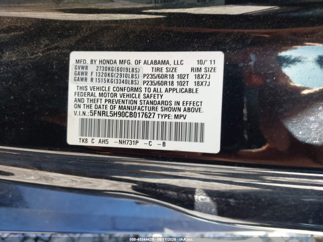 2012 Honda Odyssey Touring/touring Elite მანქანა იყიდება აუქციონზე, vin: 5FNRL5H90CB017627, აუქციონის ნომერი: 45344428