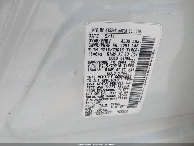 Aukcja sprzedaży 2011 Nissan Rogue S, vin: JN8AS5MT8BW179490, numer aukcji: 45344447