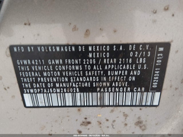 45344448 :رقم المزاد ، 3VWDP7AJ5DM266028 vin ، 2013 Volkswagen Jetta 2.5l Se مزاد بيع