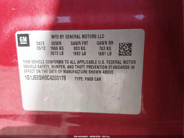 Aukcja sprzedaży 2012 Chevrolet Sonic 2lz, vin: 1G1JE6SH0C4203178, numer aukcji: 45344450