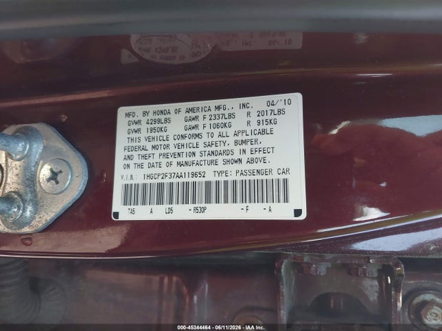 Продажа на аукционе авто 2010 Honda Accord 2.4 Lx, vin: 1HGCP2F37AA119652, номер лота: 45344464