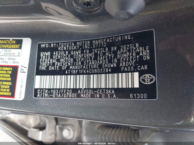 Aukcja sprzedaży 2012 Toyota Camry Se, vin: 4T1BF1FK4CU602284, numer aukcji: 45344471