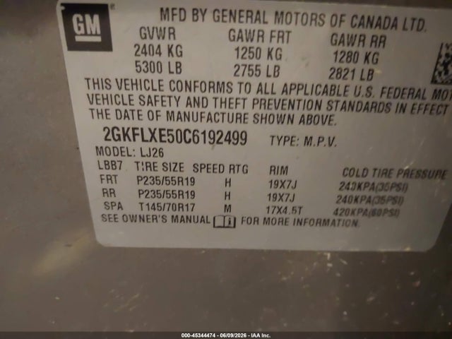 Aukcja sprzedaży 2012 Gmc Terrain Slt-2, vin: 2GKFLXE50C6192499, numer aukcji: 45344474