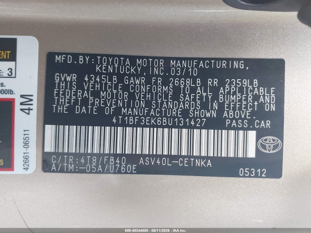 Продажа на аукционе авто 2011 Toyota Camry Le, vin: 4T1BF3EK6BU131427, номер лота: 45344480