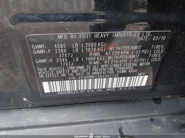 45344501 :رقم المزاد ، 4S4BRBKC5A3362158 vin ، 2010 Subaru Outback 2.5i Limited مزاد بيع