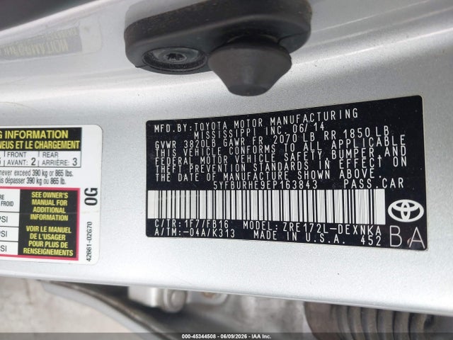Aukcja sprzedaży 2014 Toyota Corolla Le, vin: 5YFBURHE9EP163843, numer aukcji: 45344508