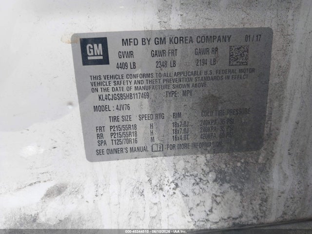 2017 Buick Encore Essence მანქანა იყიდება აუქციონზე, vin: KL4CJGSB5HB117469, აუქციონის ნომერი: 45344510