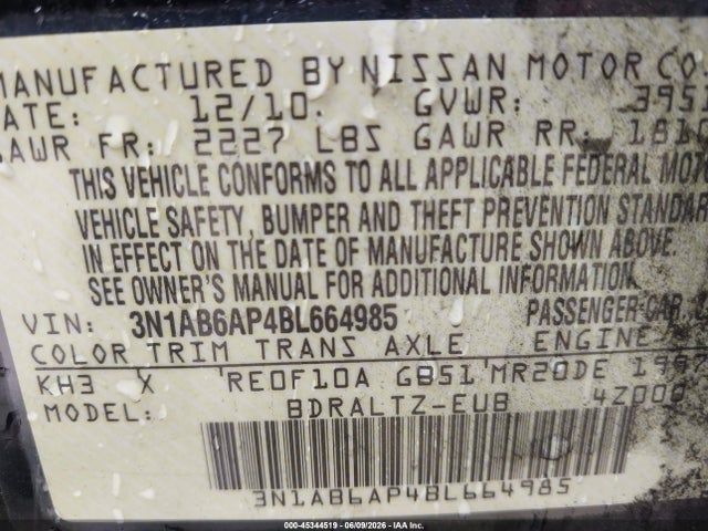 Aukcja sprzedaży 2011 Nissan Sentra 2.0sr, vin: 3N1AB6AP4BL664985, numer aukcji: 45344519