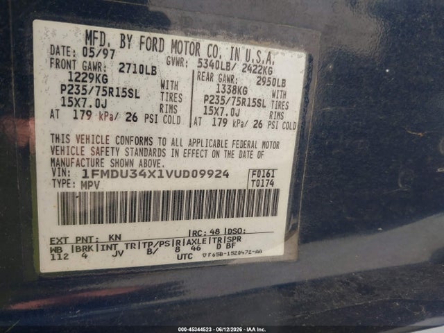 Auction sale of the 1997 Ford Explorer Eddie Bauer/limited/xl/xlt, vin: 1FMDU34X1VUD09924, lot number: 45344523