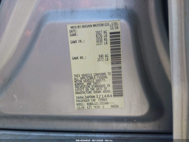 Продажа на аукционе авто 2017 Nissan Altima 2.5 S, vin: 1N4AL3AP0HN321484, номер лота: 45344529