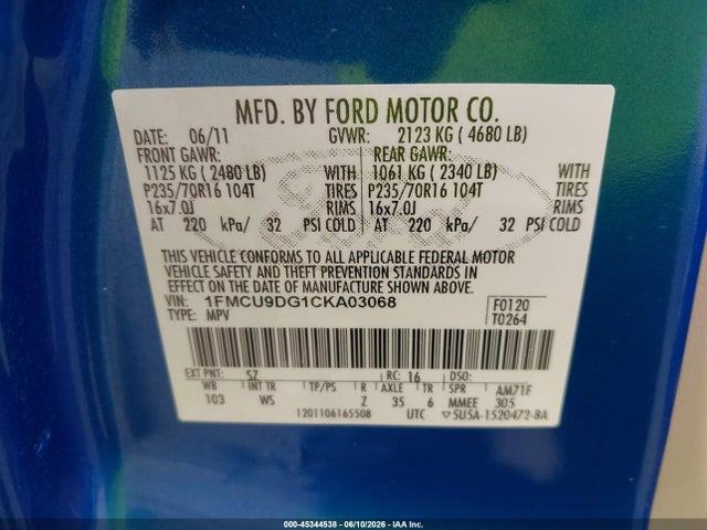 Продаж на аукціоні авто 2012 Ford Escape Xlt, vin: 1FMCU9DG1CKA03068, номер лоту: 45344538