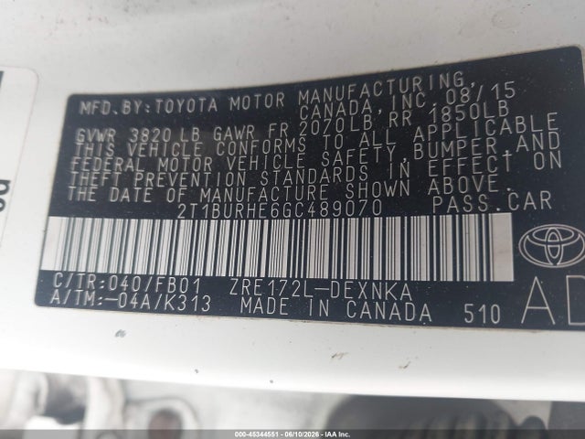 Aukcja sprzedaży 2016 Toyota Corolla Le, vin: 2T1BURHE6GC489070, numer aukcji: 45344551