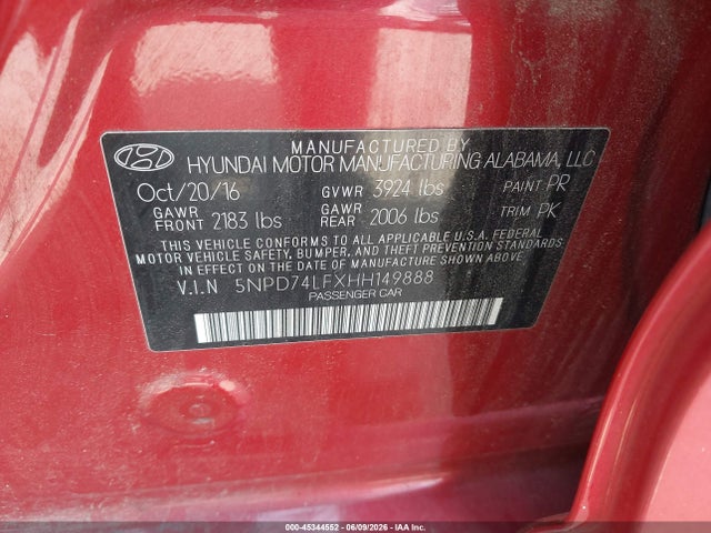 Aukcja sprzedaży 2017 Hyundai Elantra Se, vin: 5NPD74LFXHH149888, numer aukcji: 45344552