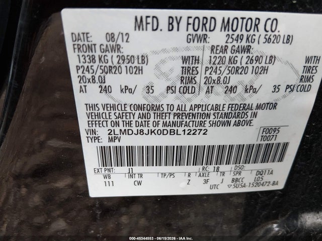 45344553 :رقم المزاد ، 2LMDJ8JK0DBL12272 vin ، 2013 Lincoln Mkx مزاد بيع