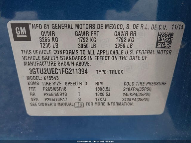 Aukcja sprzedaży 2015 Gmc Sierra 1500 Sle, vin: 3GTU2UEC1FG211394, numer aukcji: 45344555