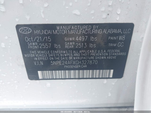 45344592 :رقم المزاد ، 5NPE24AFXGH327870 vin ، 2016 Hyundai Sonata Se مزاد بيع