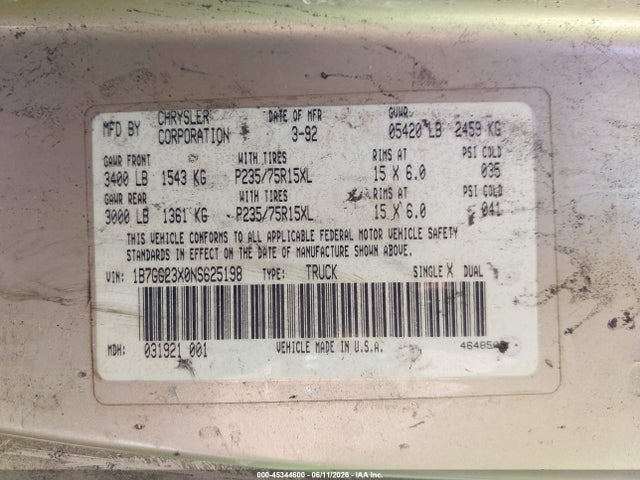 45344600 :رقم المزاد ، 1B7GG23X0NS625198 vin ، 1992 Dodge Dakota مزاد بيع