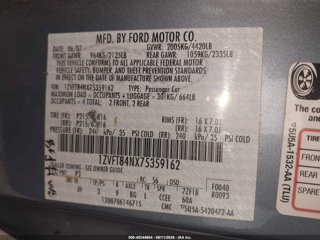 Продаж на аукціоні авто 2007 Ford Mustang V6 Deluxe/v6 Premium, vin: 1ZVFT84NX75359162, номер лоту: 45344604