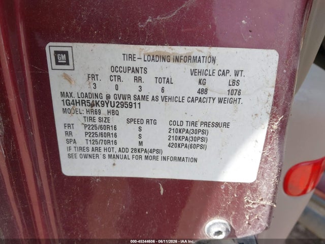 Продаж на аукціоні авто 2000 Buick Lesabre Limited, vin: 1G4HR54K9YU295911, номер лоту: 45344606