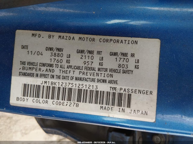 Продаж на аукціоні авто 2005 Mazda Mazda3 S, vin: JM1BK123751251213, номер лоту: 45344608