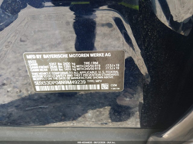 45344635 :رقم المزاد ، 5UX53DP04N9M49239 vin ، 2022 Bmw X3 Xdrive30i مزاد بيع