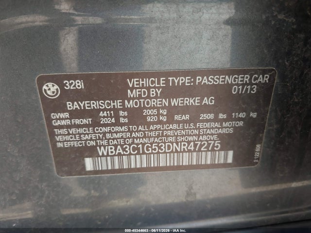 Aukcja sprzedaży 2013 Bmw 328i, vin: WBA3C1G53DNR47275, numer aukcji: 45344663