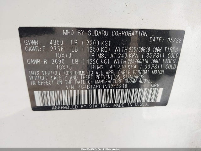 Продажа на аукционе авто 2022 Subaru Outback Touring, vin: 4S4BTAPC1N3245218, номер лота: 45344667