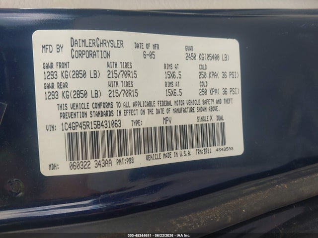 Aukcja sprzedaży 2005 Chrysler Town & Country, vin: 1C4GP45R15B431063, numer aukcji: 45344681