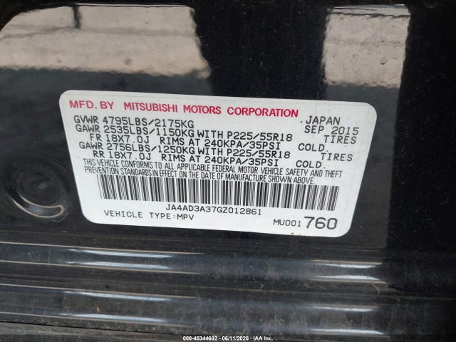 45344682 :رقم المزاد ، JA4AD3A37GZ012861 vin ، 2016 Mitsubishi Outlander Se مزاد بيع