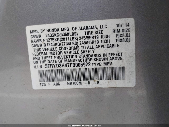 Aukcja sprzedaży 2015 Acura Mdx Technology Package, vin: 5FRYD3H47FB006922, numer aukcji: 45344690
