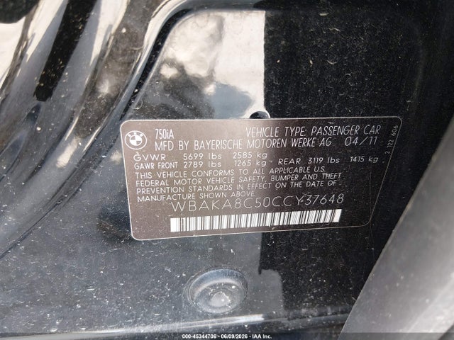 Продажа на аукционе авто 2012 Bmw 750i, vin: WBAKA8C50CCY37648, номер лота: 45344706