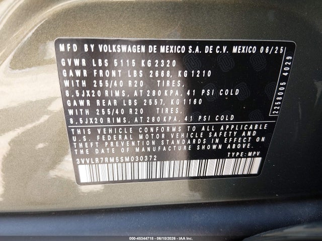 Aukcja sprzedaży 2025 Volkswagen Tiguan 2.0t Sel R-line, vin: 3VVLR7RM5SM030372, numer aukcji: 45344718