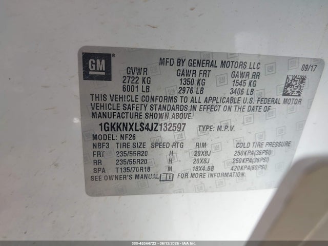 45344722 :رقم المزاد ، 1GKKNXLS4JZ132597 vin ، 2018 Gmc Acadia Denali مزاد بيع