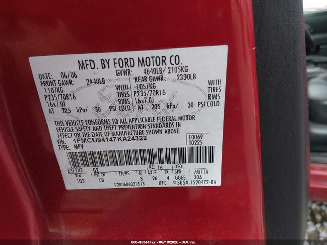 Aukcja sprzedaży 2007 Ford Escape Limited, vin: 1FMCU94147KA24322, numer aukcji: 45344727