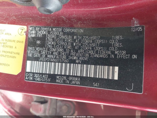 Aukcja sprzedaży 2006 Toyota Highlander Limited V6, vin: JTEEP21A860157560, numer aukcji: 45344764