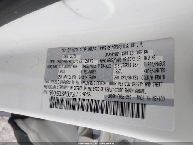 45344805 :رقم المزاد ، 3MVDMBCL8MM301317 vin ، 2021 Mazda Cx-30 Preferred مزاد بيع
