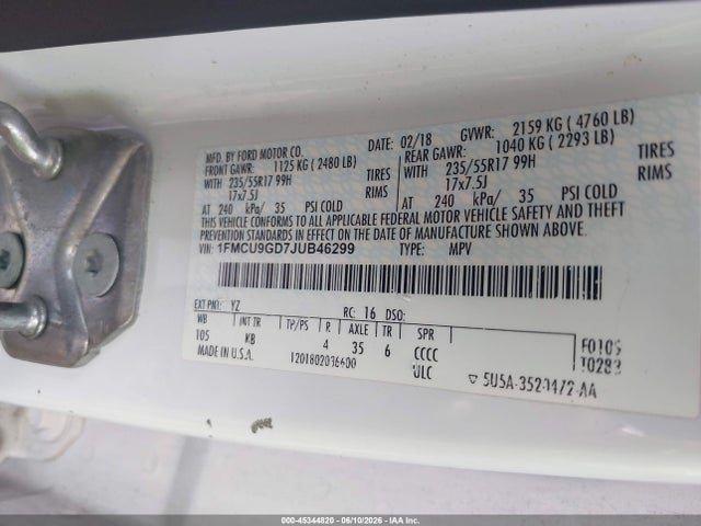 Aukcja sprzedaży 2018 Ford Escape Se, vin: 1FMCU9GD7JUB46299, numer aukcji: 45344820
