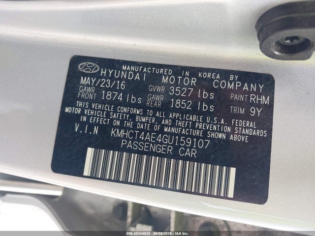 2016 Hyundai Accent Se მანქანა იყიდება აუქციონზე, vin: KMHCT4AE4GU159107, აუქციონის ნომერი: 45344828