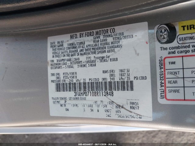 45344837 :رقم المزاد ، 3FAHP07108R113848 vin ، 2008 Ford Fusion Se مزاد بيع