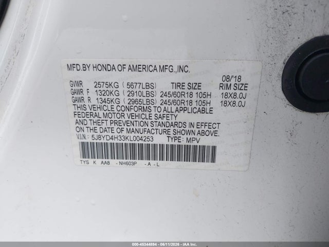 Aukcja sprzedaży 2019 Acura Mdx Standard, vin: 5J8YD4H33KL004253, numer aukcji: 45344894