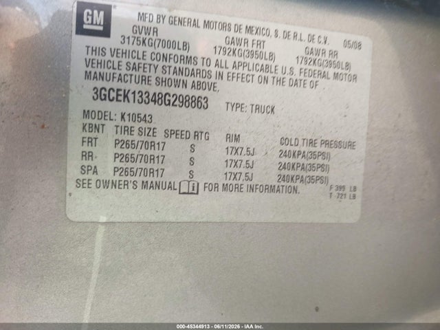 Продаж на аукціоні авто 2008 Chevrolet Silverado 1500 Lt1, vin: 3GCEK13348G298863, номер лоту: 45344913