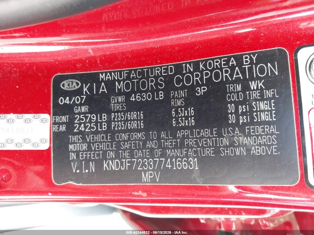 45344932 :رقم المزاد ، KNDJF723377416631 vin ، 2007 Kia Sportage Lx V6 مزاد بيع