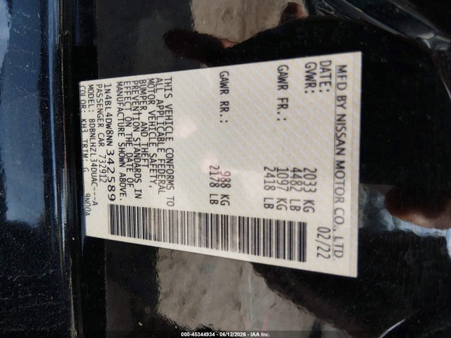 1N4BL4DW8NN342589 Nissan Altima Sv Intelligent Awd