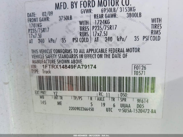 45344935 :رقم المزاد ، 1FTRX14849FA79174 vin ، 2009 Ford F-150 Stx/xl/xlt مزاد بيع
