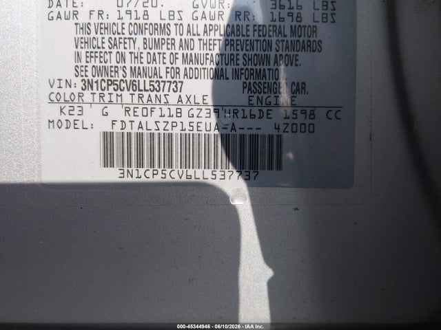 Auction sale of the 2020 Nissan Kicks Sv Xtronic Cvt, vin: 3N1CP5CV6LL537737, lot number: 45344946