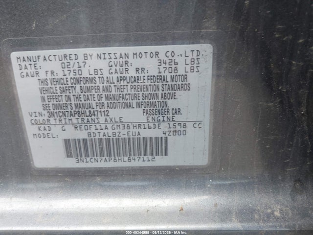 2017 Nissan Versa 1.6 Sv მანქანა იყიდება აუქციონზე, vin: 3N1CN7AP8HL847112, აუქციონის ნომერი: 45344955
