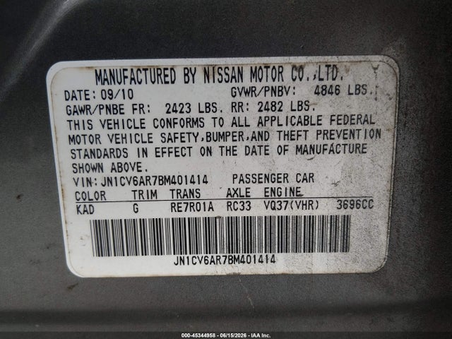 Продаж на аукціоні авто 2011 Infiniti G37x, vin: JN1CV6AR7BM401414, номер лоту: 45344958