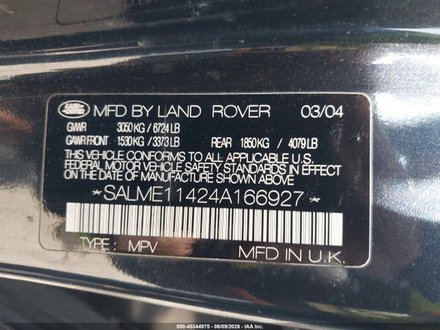 45344975 :رقم المزاد ، SALME11424A166927 vin ، 2004 Land Rover Range Rover Hse مزاد بيع